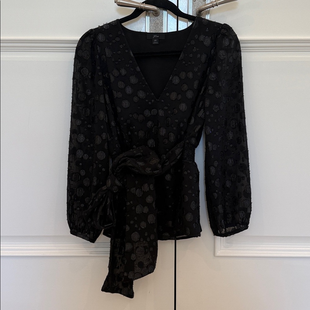 J.Crew Tie-Waist V-Neck Black Metallic Dot Jacquard Top XS - Picture 4 of 9